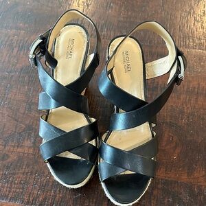 Michael Kors Black Leather Crisscross Espadrille Wedge Sandals